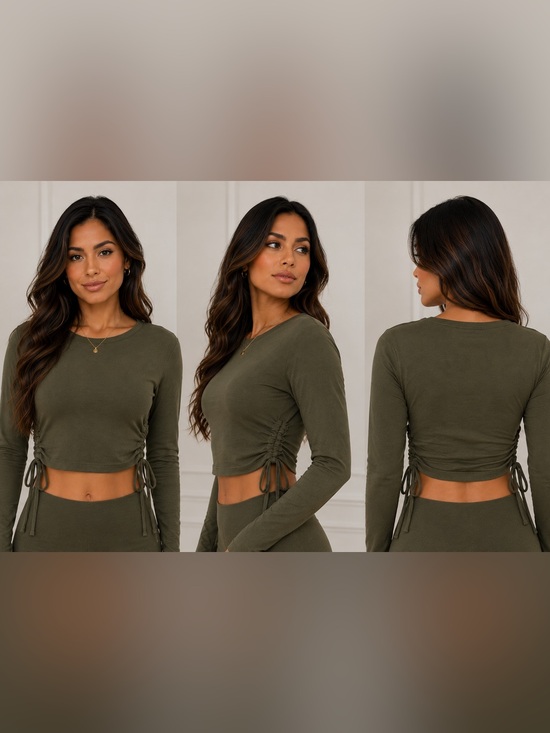 Forever 21 Pants - Forever 21 Olive Ruched Long-Sleeve Crop Top
